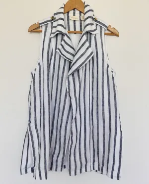 CHICO’S 100% Linen Striped Vest Sz M Blue/White Collar Open Front Lined Nautical