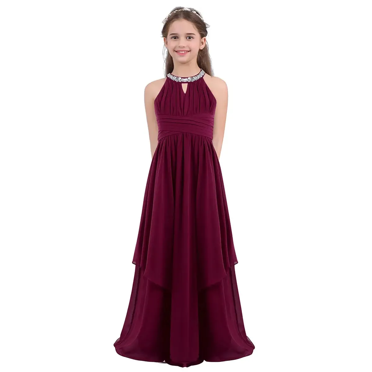 Children Wedding Flower Girl Dresses Shiny Sequin Chiffon Elegant Party Dresses Princess Gown for Prom Birthday Evening Pageant