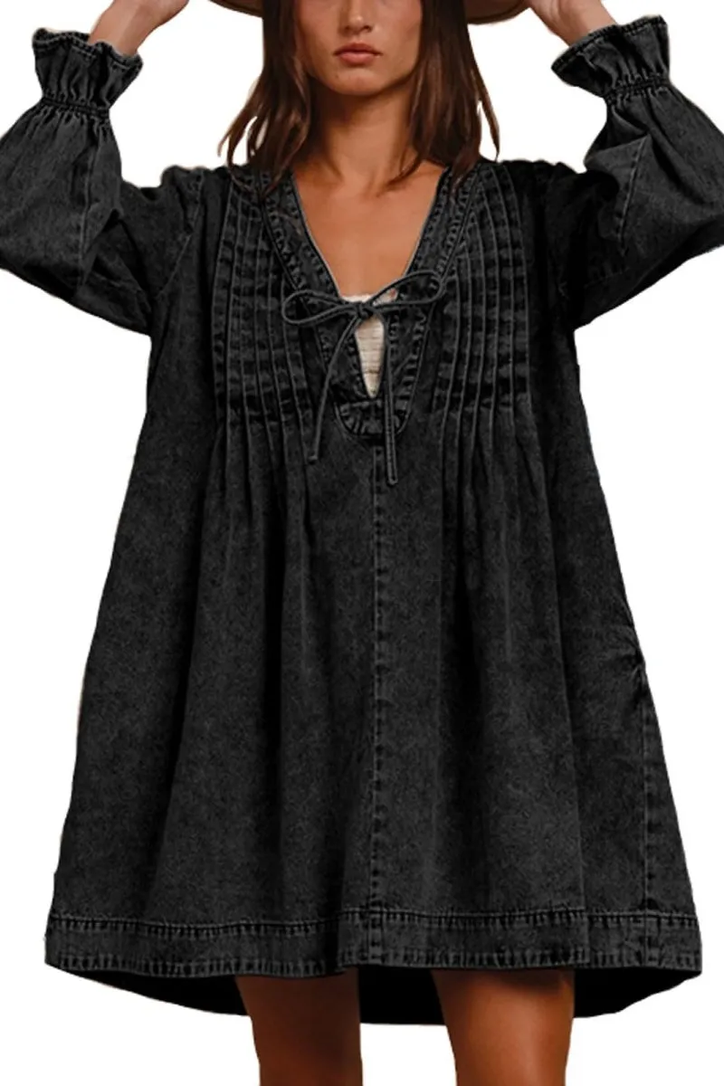 Chouyatou Long Sleeve Jean Dresses for Women 2024 Trendy Smocked Babydoll Bow Tie Front Denim Dress Summer