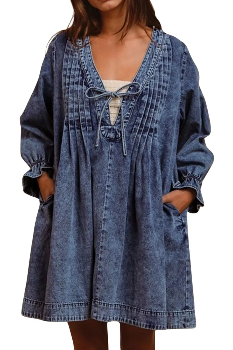 Chouyatou Long Sleeve Jean Dresses for Women 2024 Trendy Smocked Babydoll Bow Tie Front Denim Dress Summer