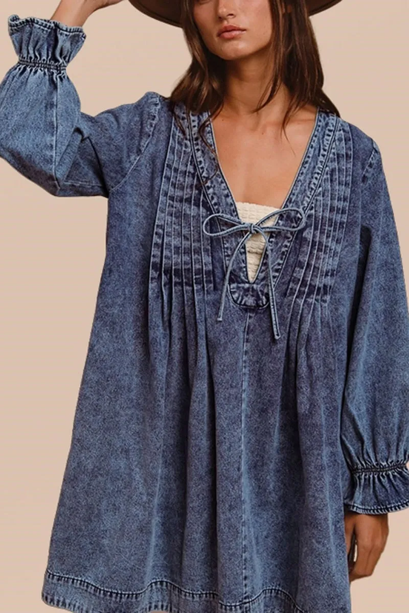 Chouyatou Long Sleeve Jean Dresses for Women 2024 Trendy Smocked Babydoll Bow Tie Front Denim Dress Summer