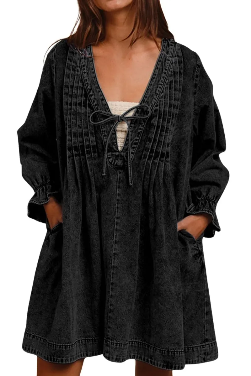 Chouyatou Long Sleeve Jean Dresses for Women 2024 Trendy Smocked Babydoll Bow Tie Front Denim Dress Summer