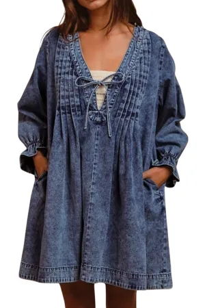 Chouyatou Long Sleeve Jean Dresses for Women 2024 Trendy Smocked Babydoll Bow Tie Front Denim Dress Summer