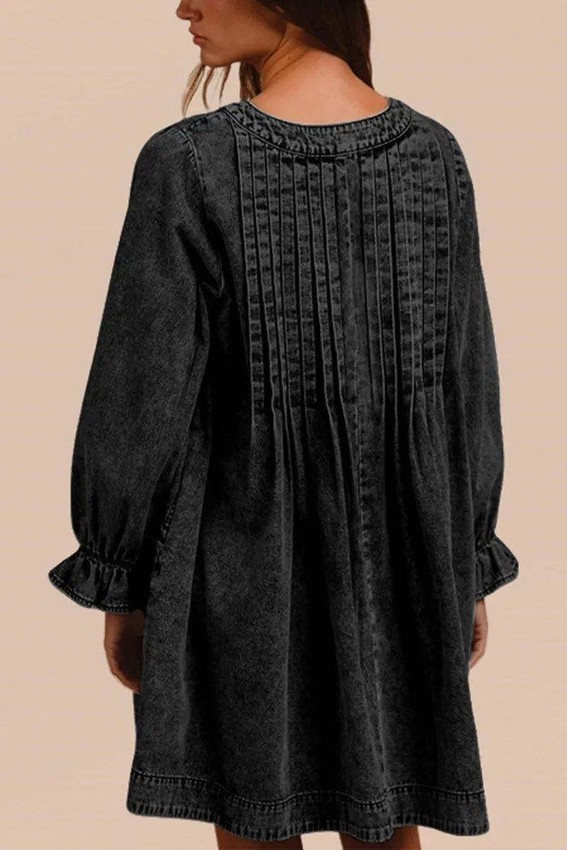 Chouyatou Long Sleeve Jean Dresses for Women 2024 Trendy Smocked Babydoll Bow Tie Front Denim Dress Summer