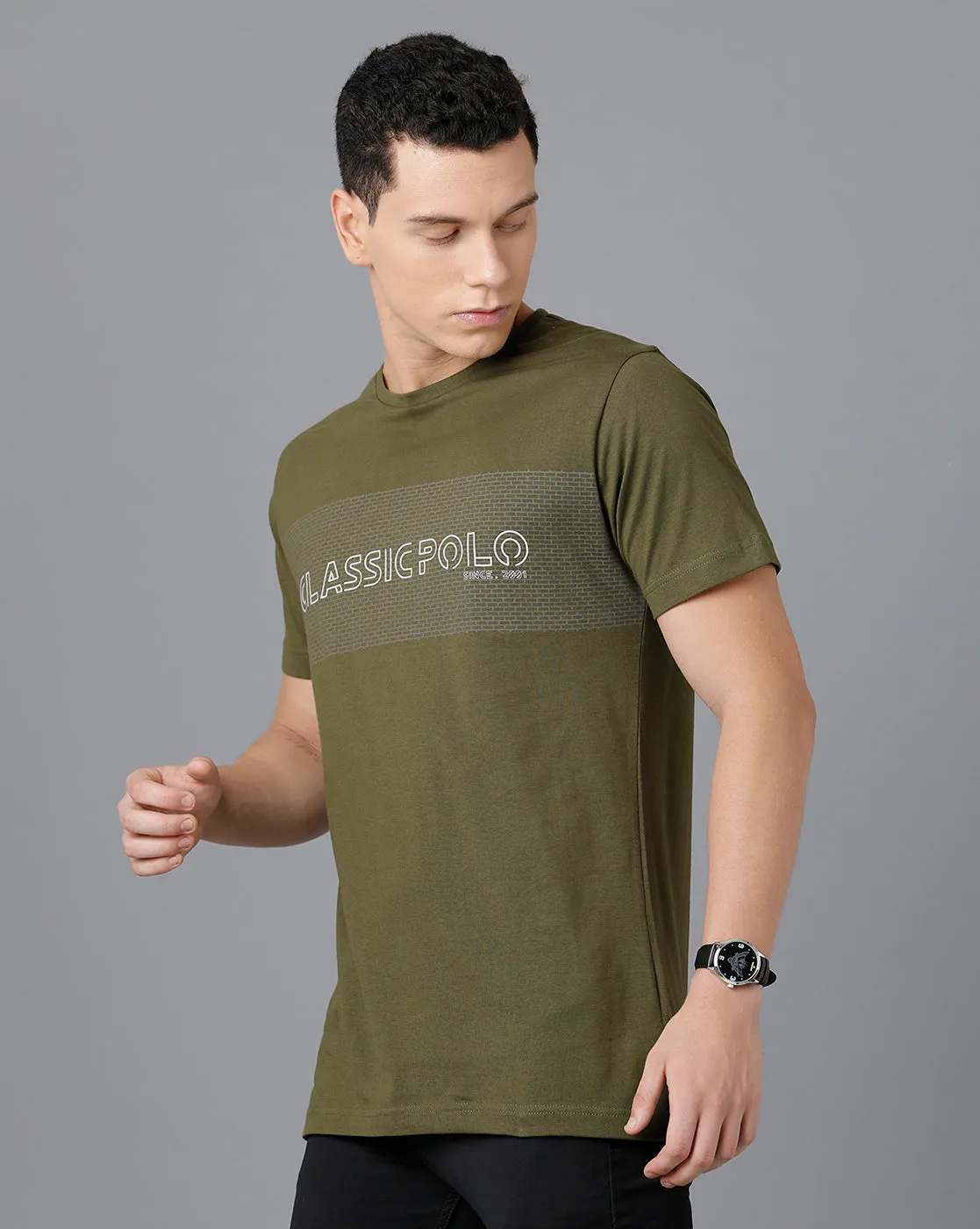 Classic Polo Mens Cotton Half Sleeve Printed Slim Fit Green Color Round Neck T-Shirt | Baleno - 451 B