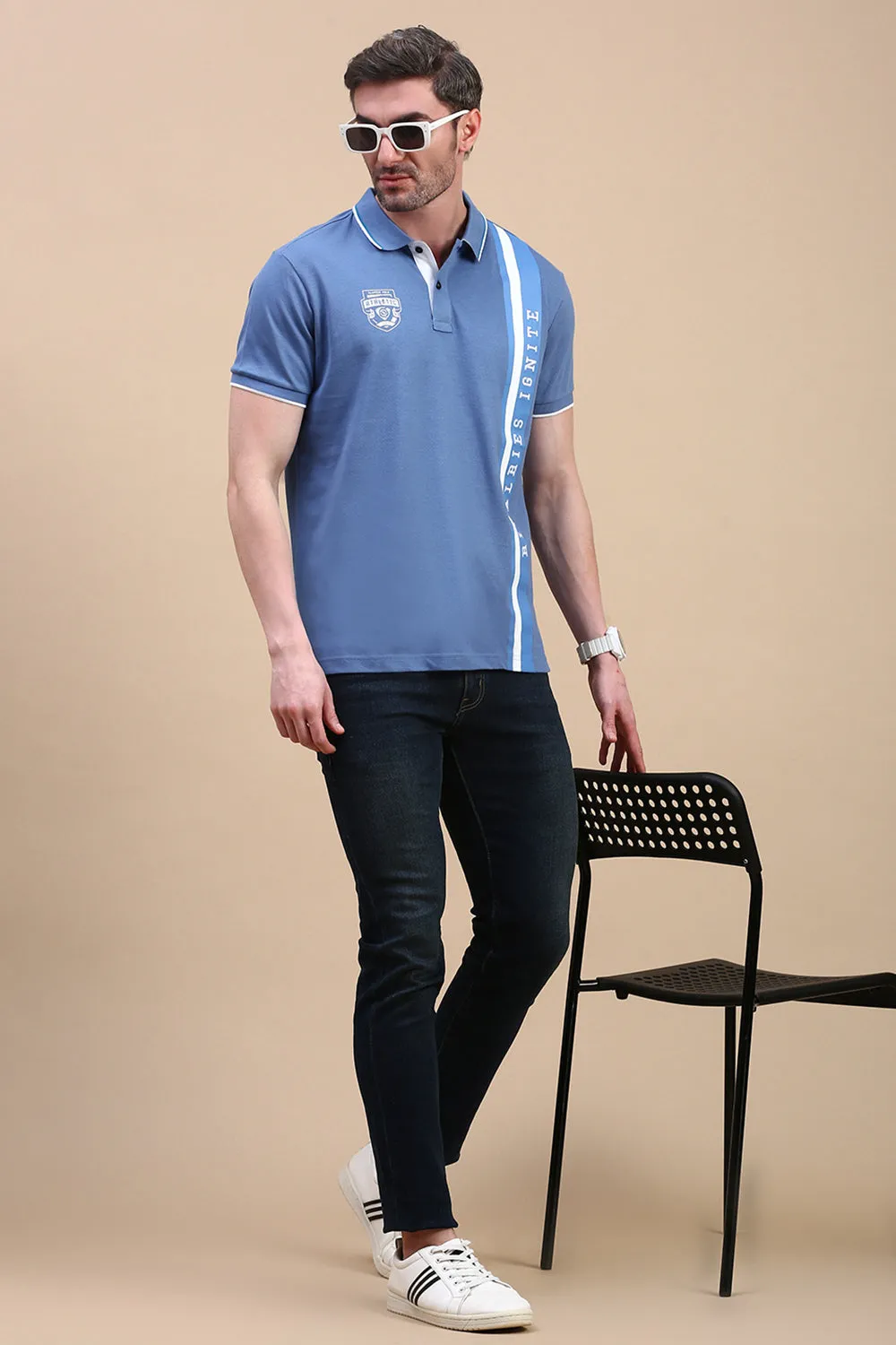 Classic Polo Men's Half Sleeve Blue Polo Neck Slim Fit Printed T-Shirt