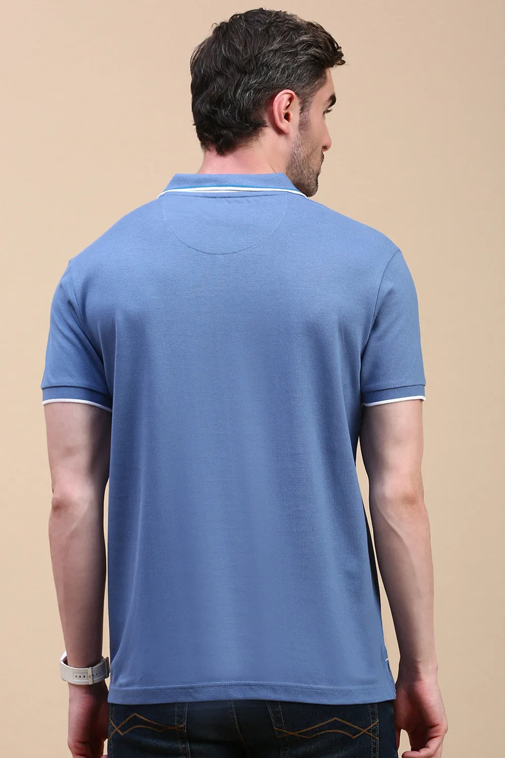 Classic Polo Men's Half Sleeve Blue Polo Neck Slim Fit Printed T-Shirt