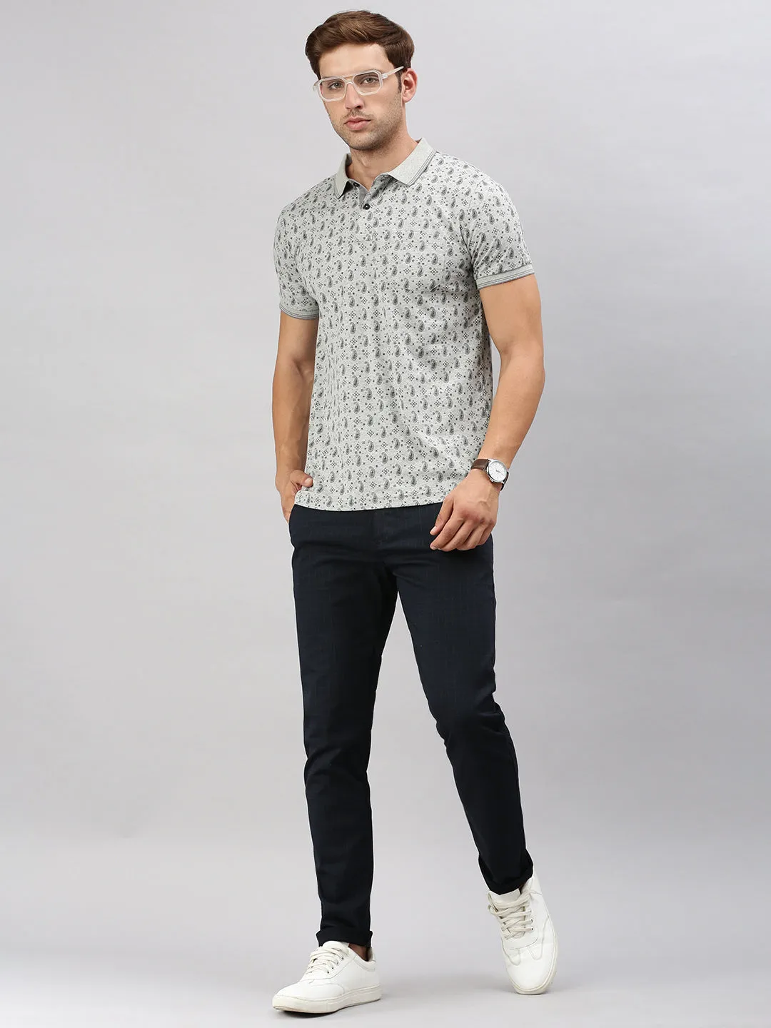 Classic Polo Men's Half Sleeve Grey/Black Polo Neck Cotton Slim Fit T Shirt | BELLO - 292 A SF P