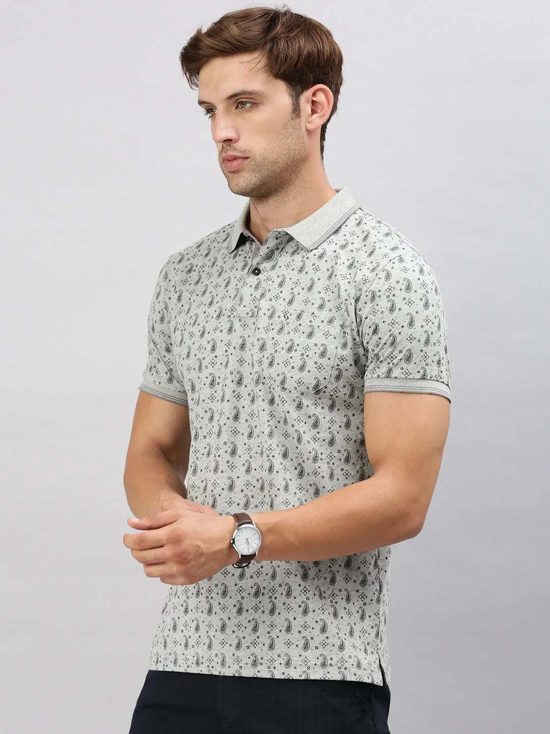 Classic Polo Men's Half Sleeve Grey/Black Polo Neck Cotton Slim Fit T Shirt | BELLO - 292 A SF P