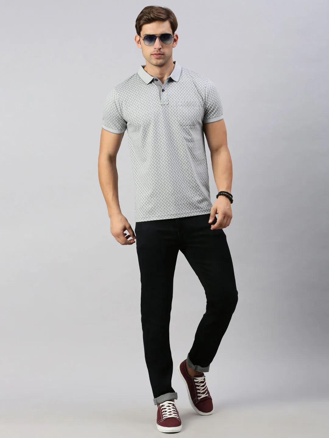 Classic Polo Men's Half Sleeve Grey/Black Polo Neck Cotton Slim Fit T Shirt | BELLO - 299 A SF P