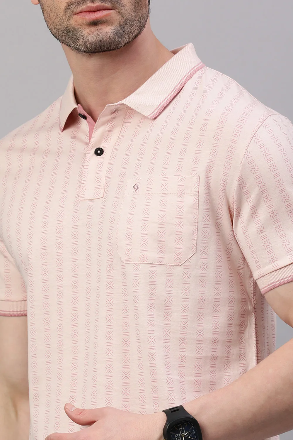 Classic Polo Men's Half Sleeve Light Peach Polo Neck Slim Fit All Over Print T-Shirt | BELLO - 317 B SF P