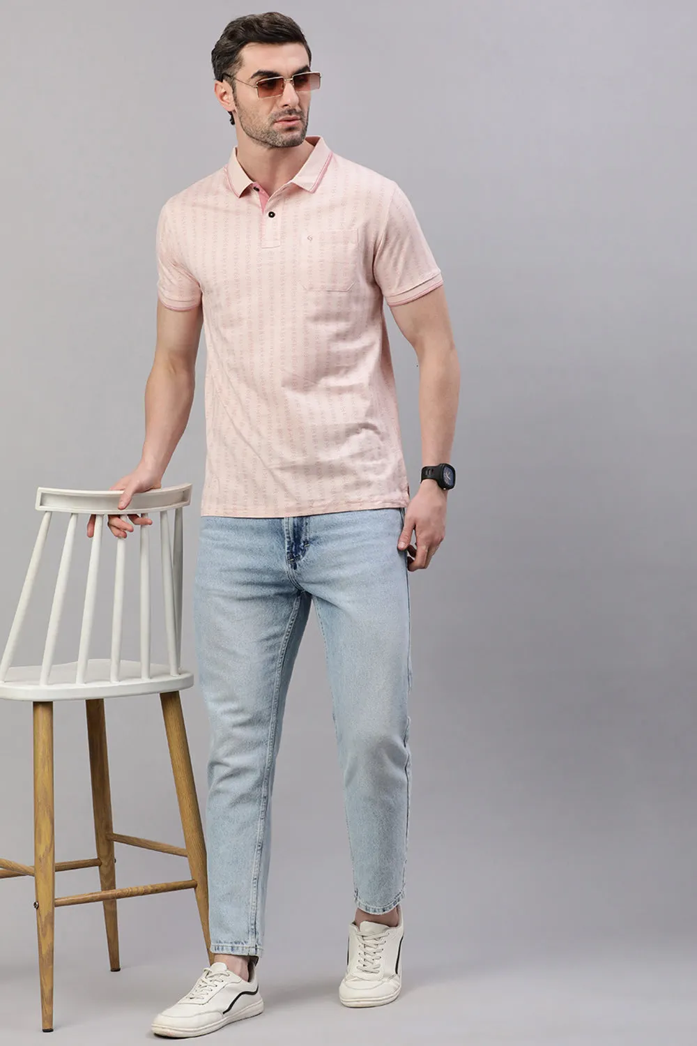 Classic Polo Men's Half Sleeve Light Peach Polo Neck Slim Fit All Over Print T-Shirt | BELLO - 317 B SF P