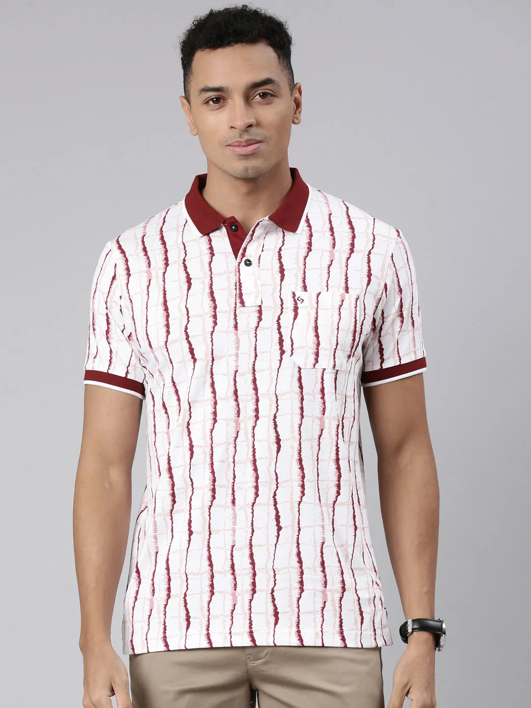 Classic Polo Men's Half Sleeve Maroon/White Polo Neck Cotton Blend Slim Fit T-Shirt | BELLO - 303 B SF P