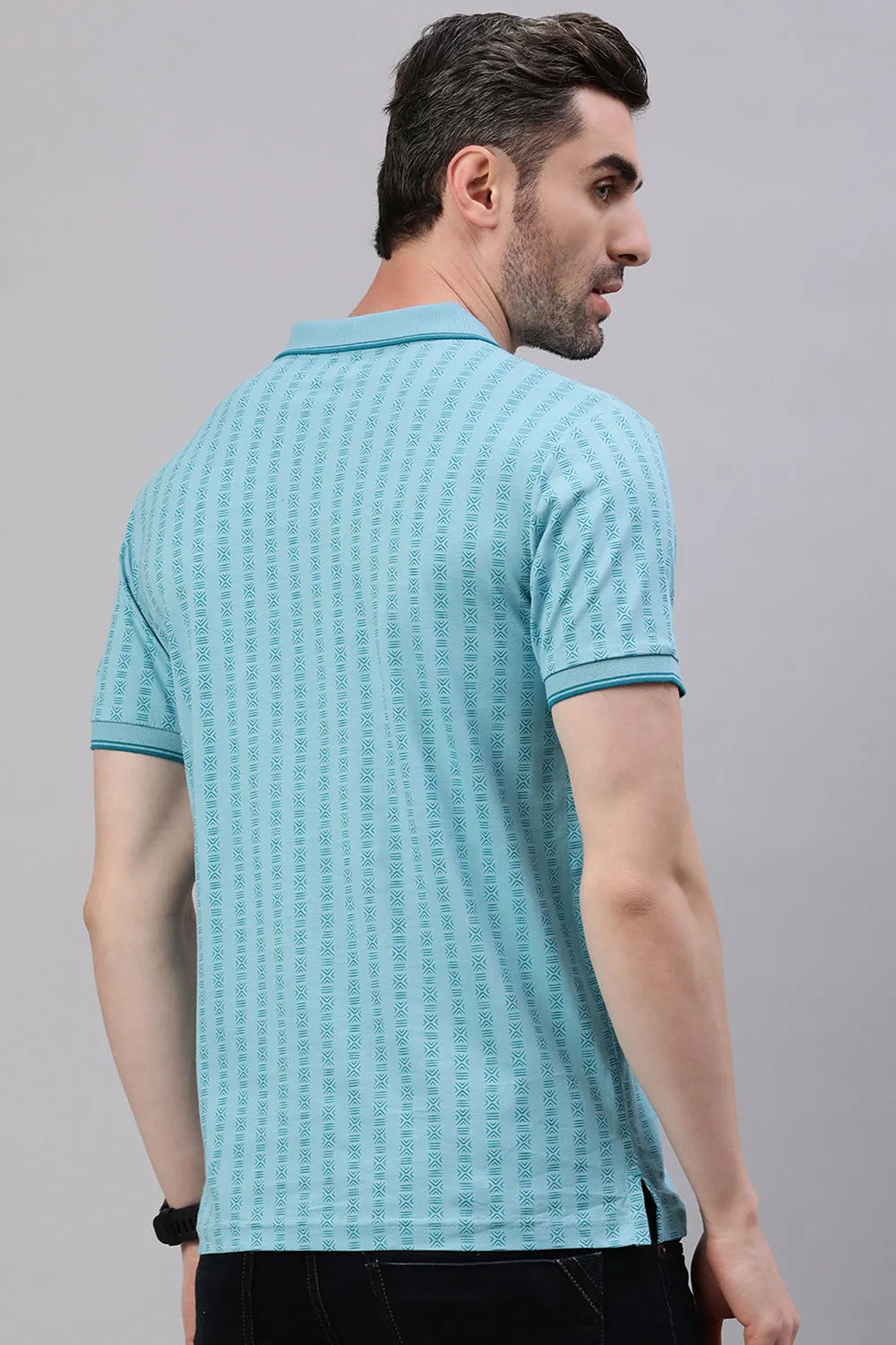 Classic Polo Men's Half Sleeve Teal Blue Polo Neck Slim Fit All-Over Print T-Shirt