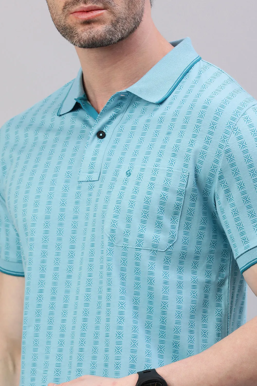 Classic Polo Men's Half Sleeve Teal Blue Polo Neck Slim Fit All-Over Print T-Shirt