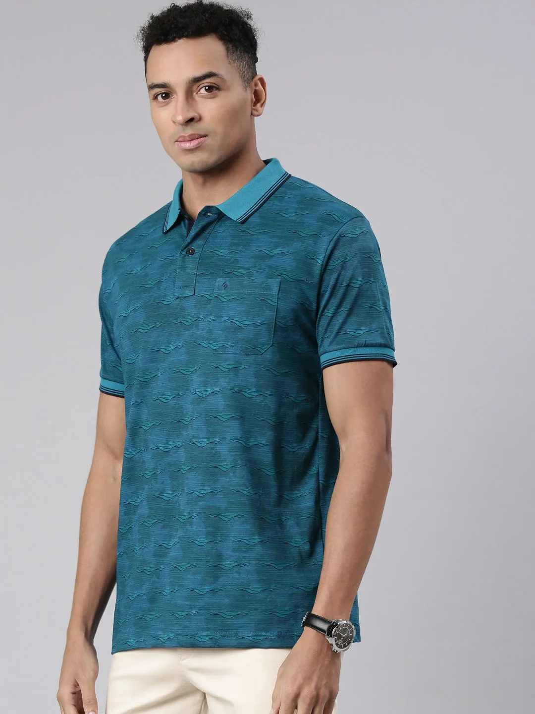 Classic Polo Men's Half Sleeve Teal Polo Neck Cotton Blend Slim Fit T-Shirt | BELLO - 301 B SF P