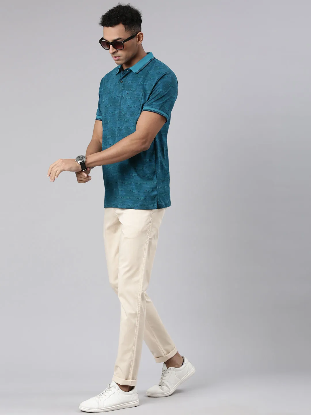 Classic Polo Men's Half Sleeve Teal Polo Neck Cotton Blend Slim Fit T-Shirt | BELLO - 301 B SF P
