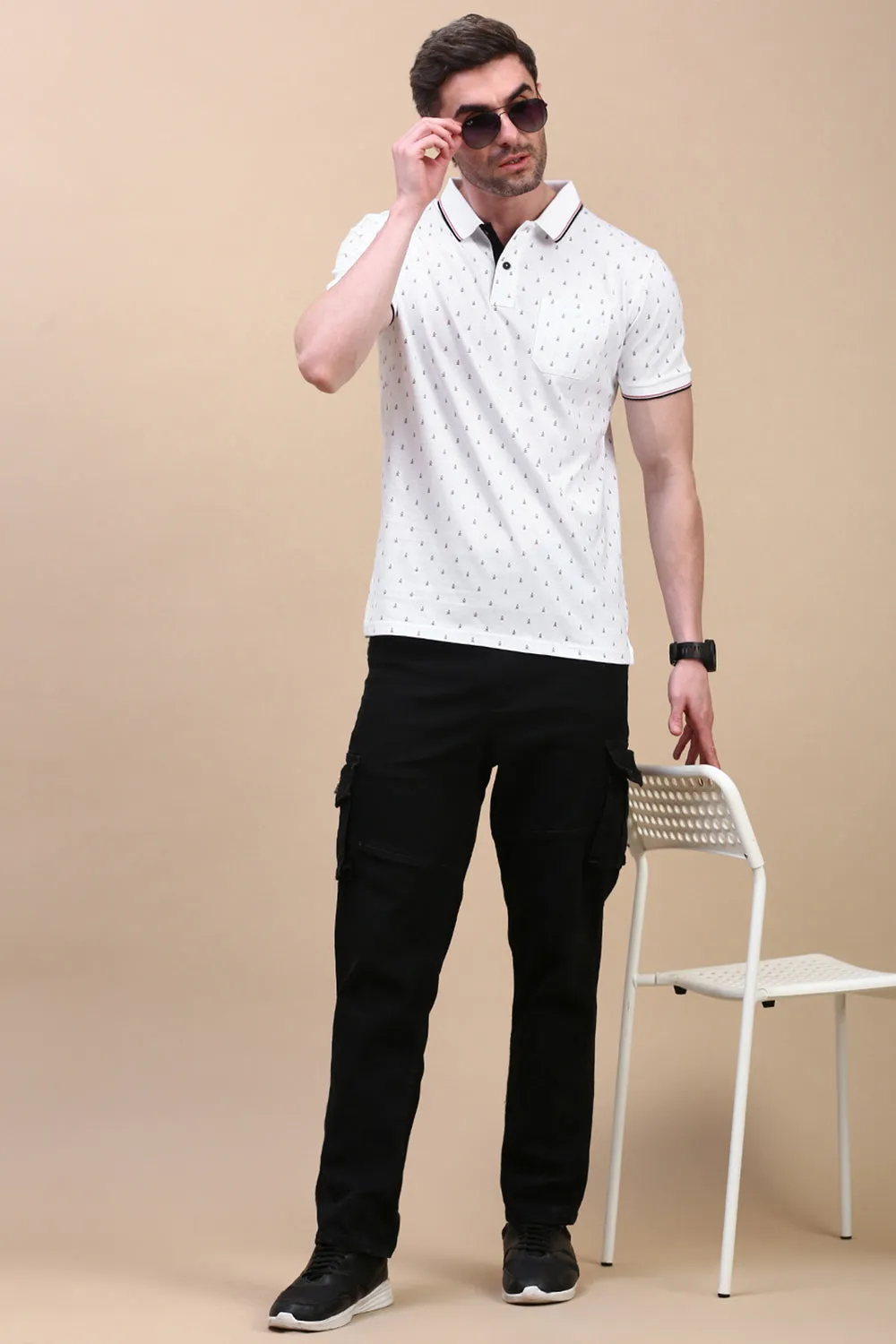 Classic Polo Men's Half Sleeve White Polo Neck Slim Fit All Over Print T-Shirt | BELLO - 311 A SF P