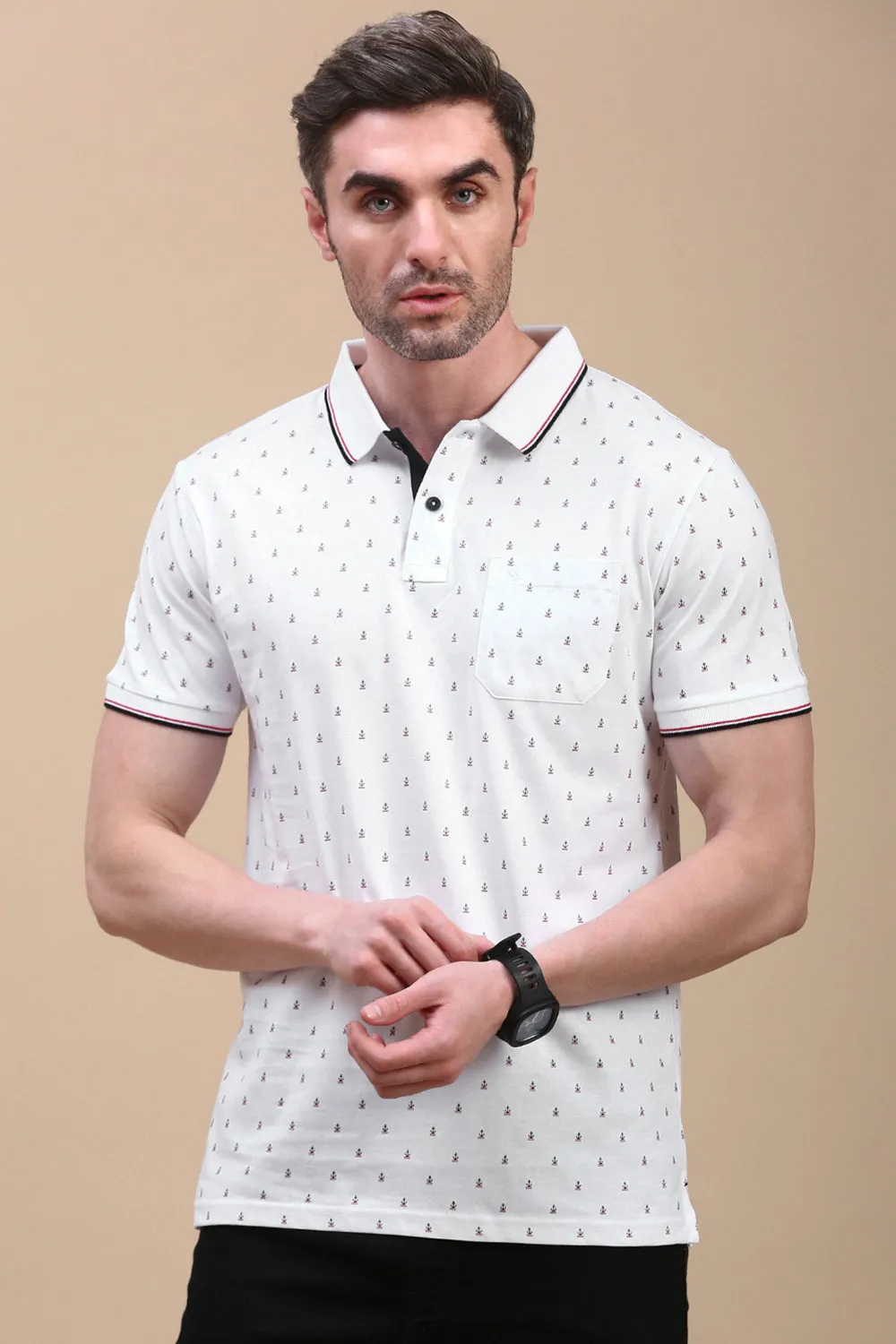 Classic Polo Men's Half Sleeve White Polo Neck Slim Fit All Over Print T-Shirt | BELLO - 311 A SF P