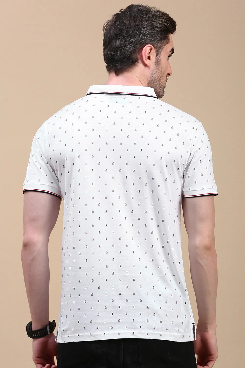 Classic Polo Men's Half Sleeve White Polo Neck Slim Fit All Over Print T-Shirt | BELLO - 311 A SF P