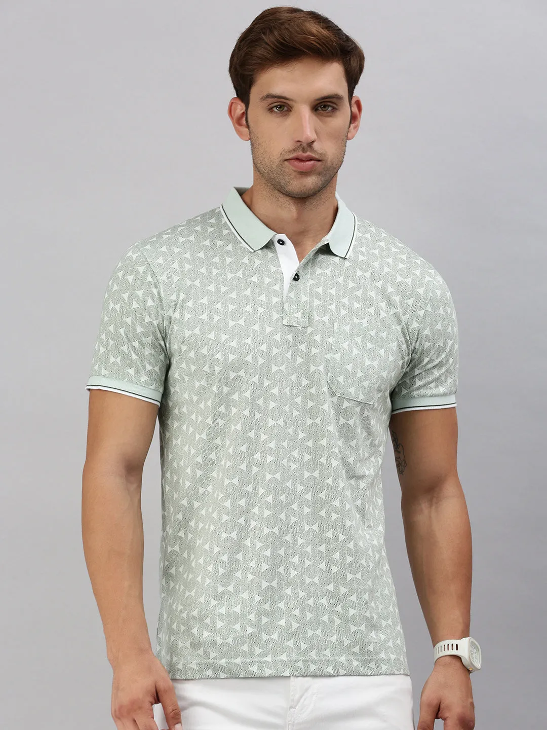 Classic Polo Men's Printed Lt.Green Cotton Slim Fit Half Sleeve T-Shirt | BELLO - 290 B SF P
