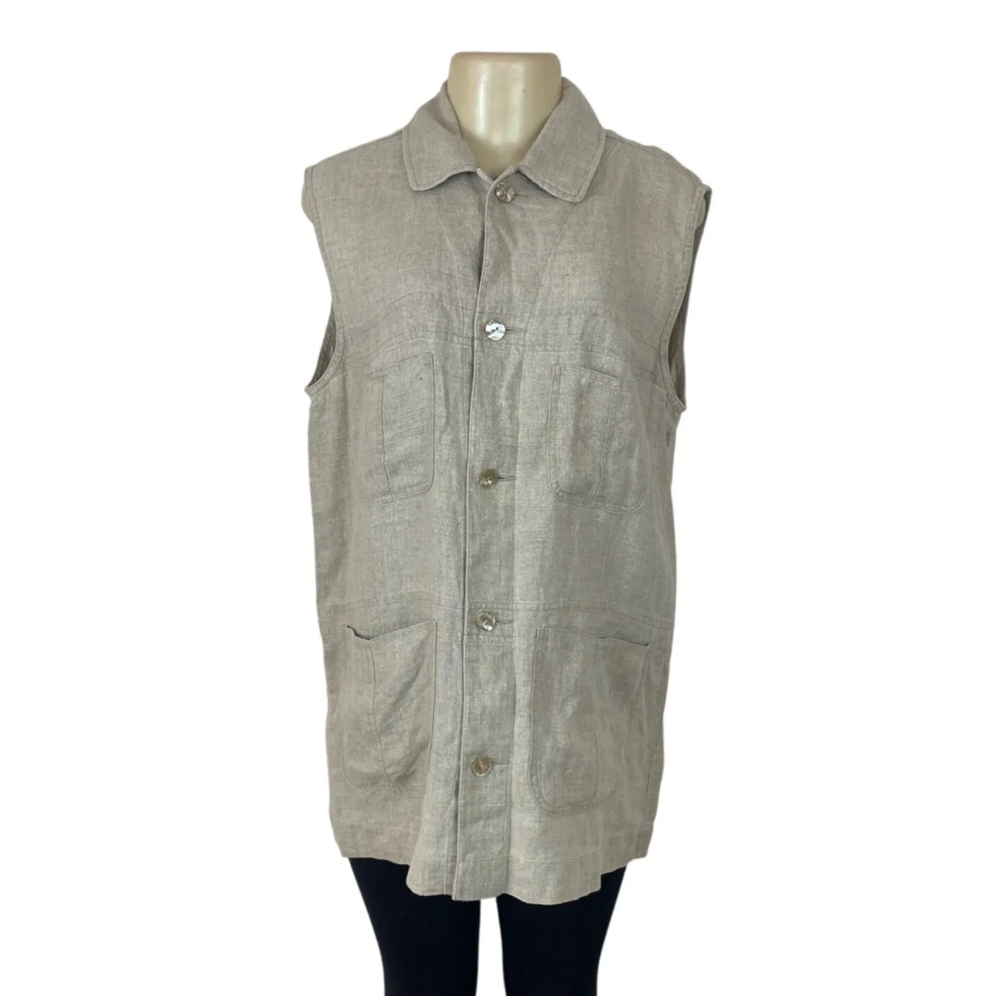 Classiques Entier Beige Linen Sleeveless Button-Up With Pockets Womens Vest Sz M