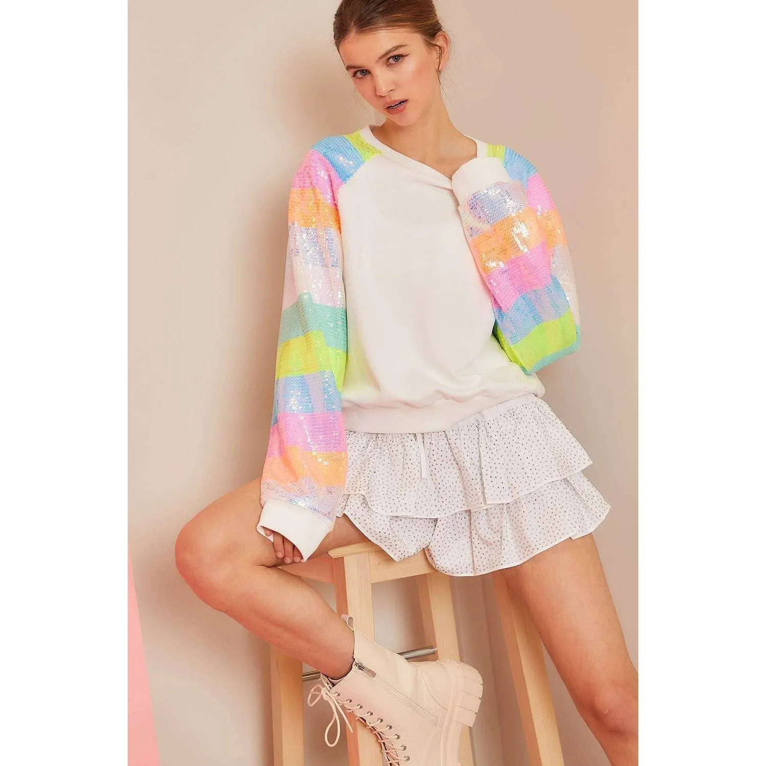 Color Block Sequin Sleeves French Terry Top [Available in SM-L]