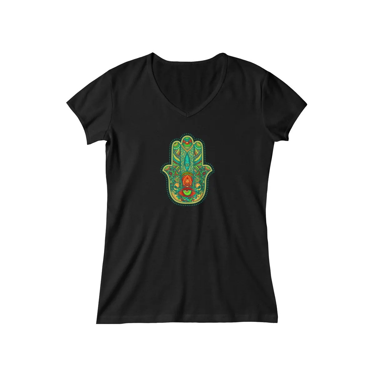 COLORFUL HAMSA <br>baby rib short sleeve <br>V-neck tee