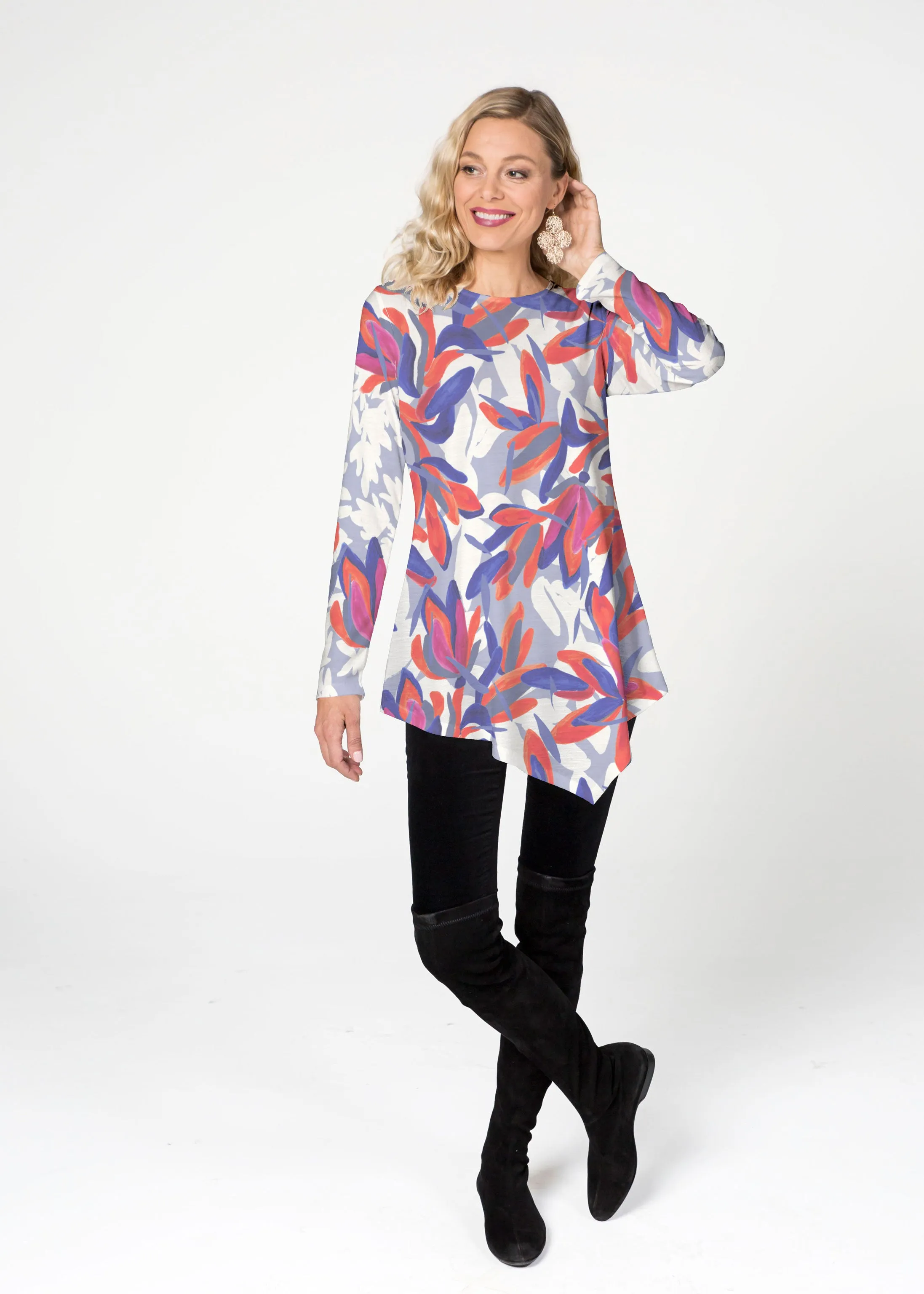 Colorful Palm Blue (7901) ~ Asymmetrical French Terry Tunic