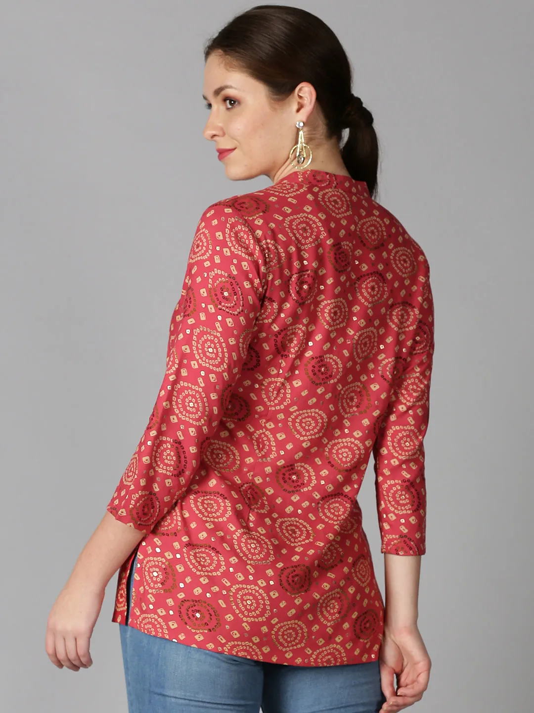 Coral Rayon Bandhani Printed Button-Down Tunic