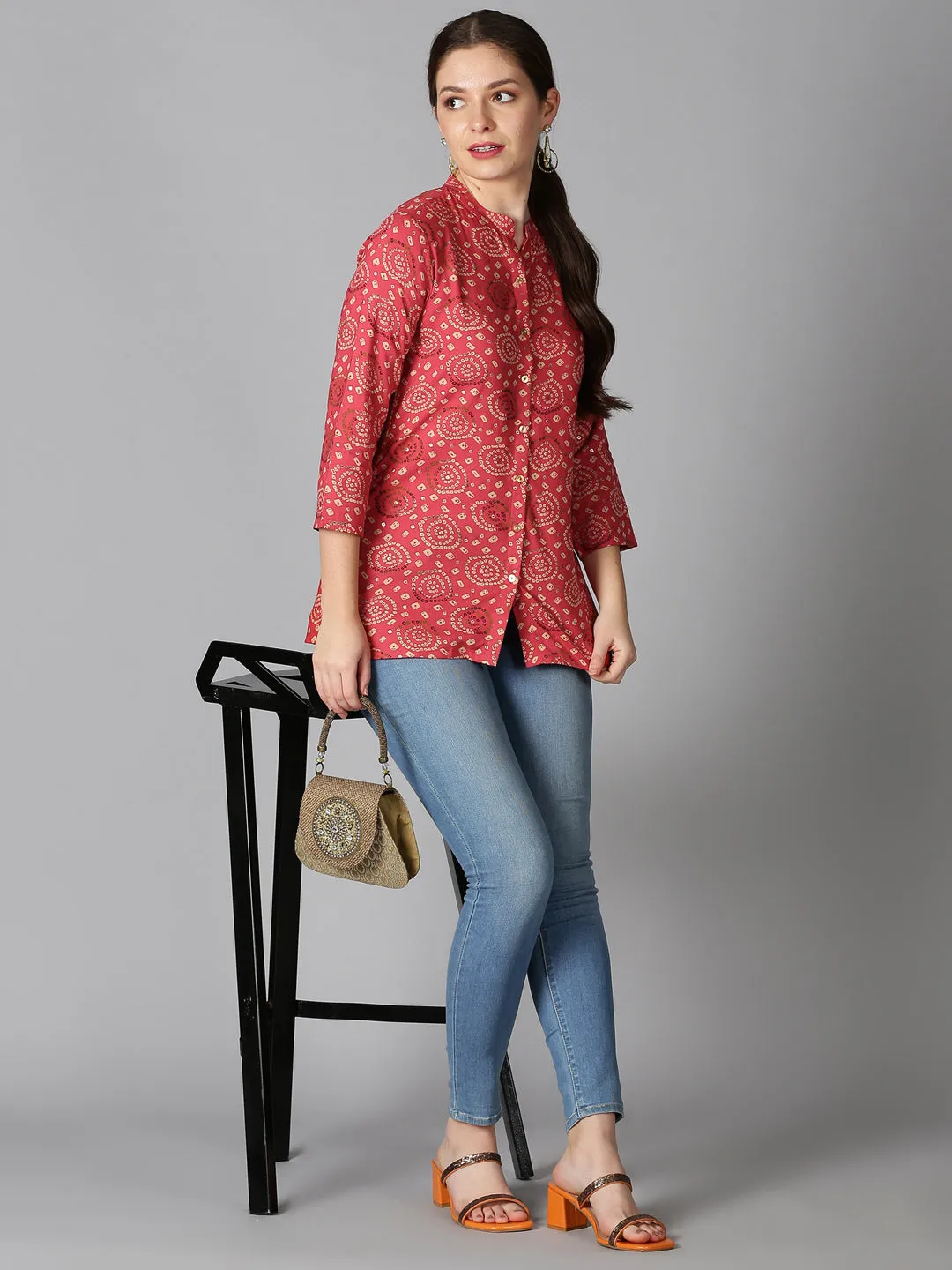 Coral Rayon Bandhani Printed Button-Down Tunic