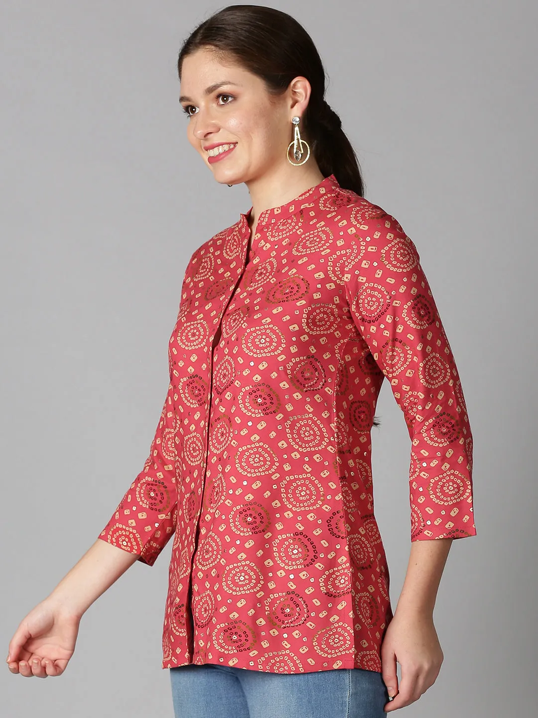 Coral Rayon Bandhani Printed Button-Down Tunic