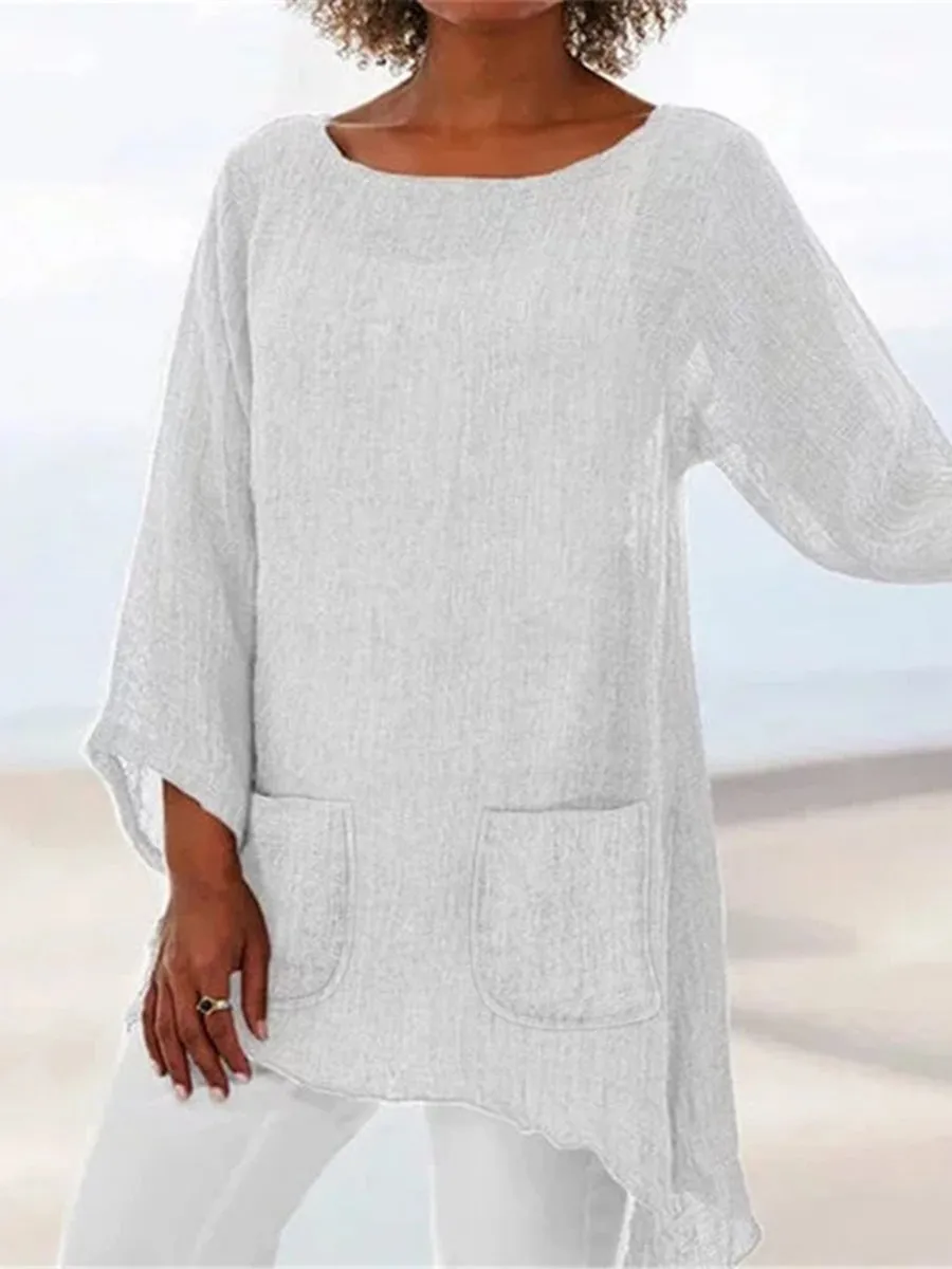 Cotton And Linen Irregular Hem Women'S Top