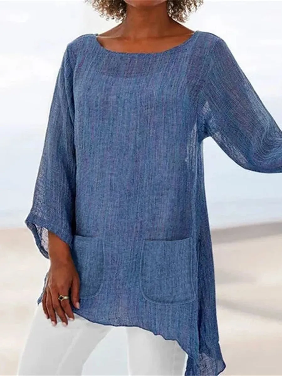 Cotton And Linen Irregular Hem Women'S Top