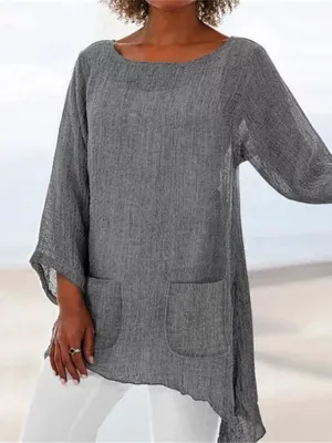 Cotton And Linen Irregular Hem Women'S Top