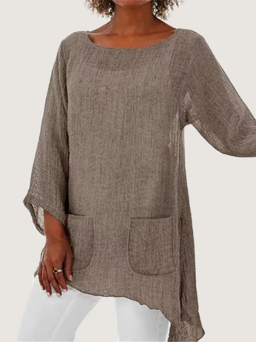 Cotton And Linen Irregular Hem Women'S Top