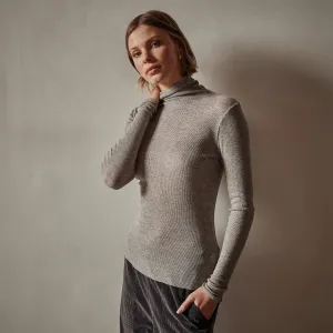 Cotton Cashmere Blend Ribbed Turtleneck - Heather Grey