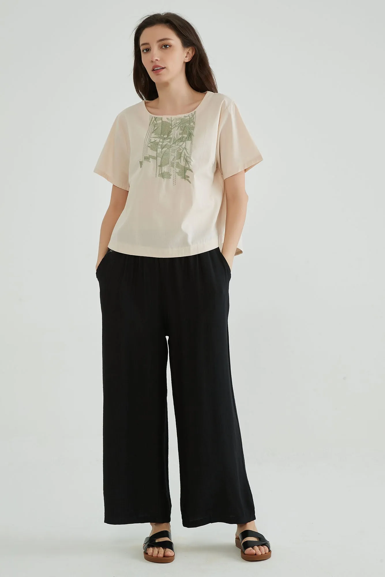 Cotton Seed Short Sleeves Boho Embroidered Top