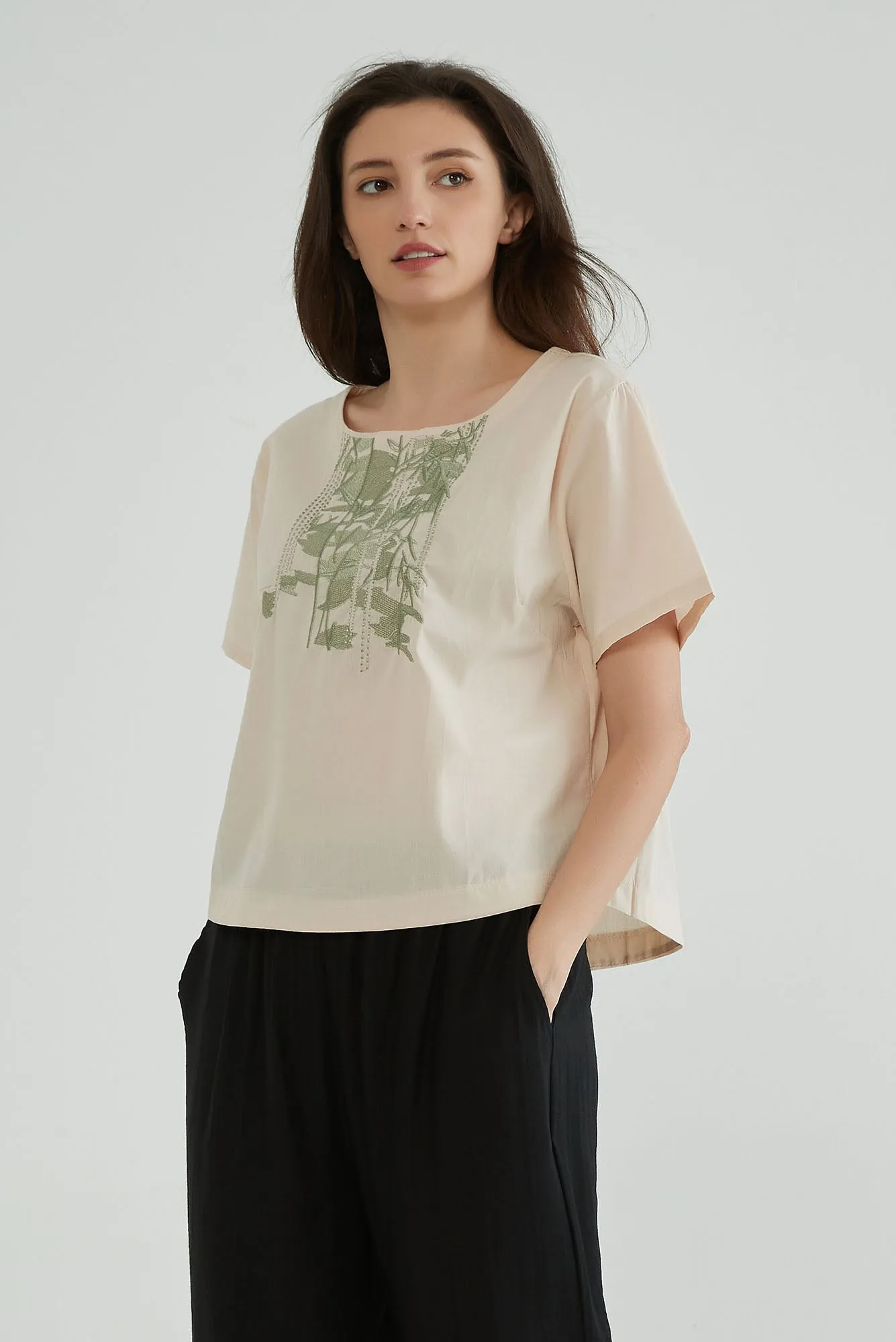 Cotton Seed Short Sleeves Boho Embroidered Top