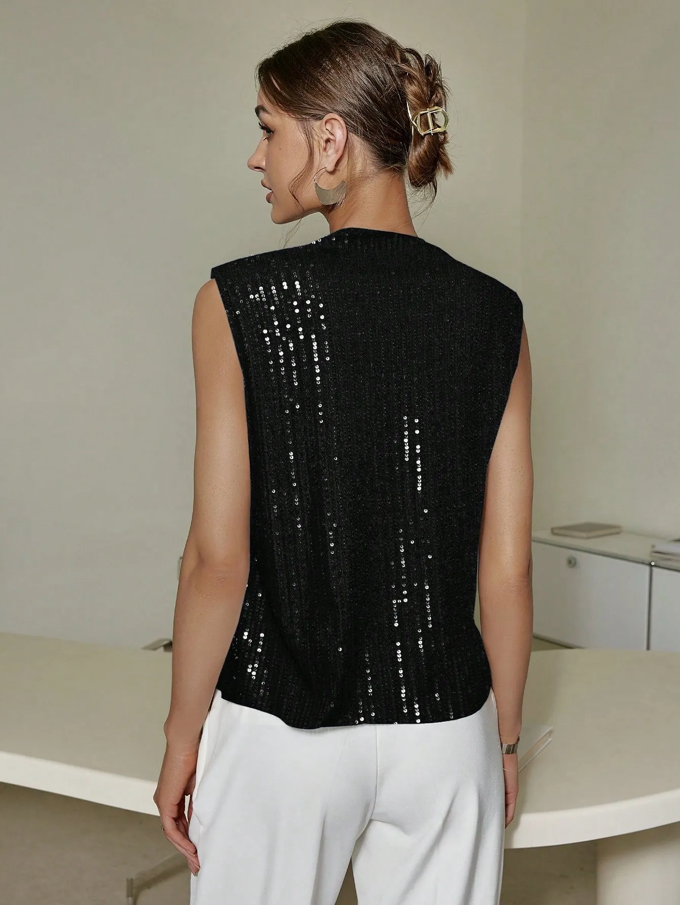 Cowl Neck Sleeveless Sequin Tank Top
