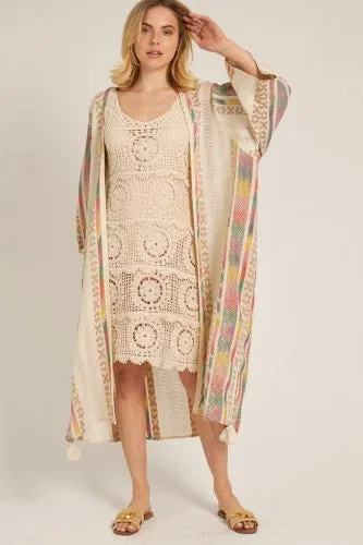 Cream Multi Color Embroidered Open Kimono