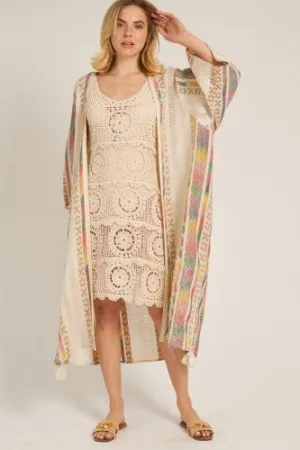 Cream Multi Color Embroidered Open Kimono