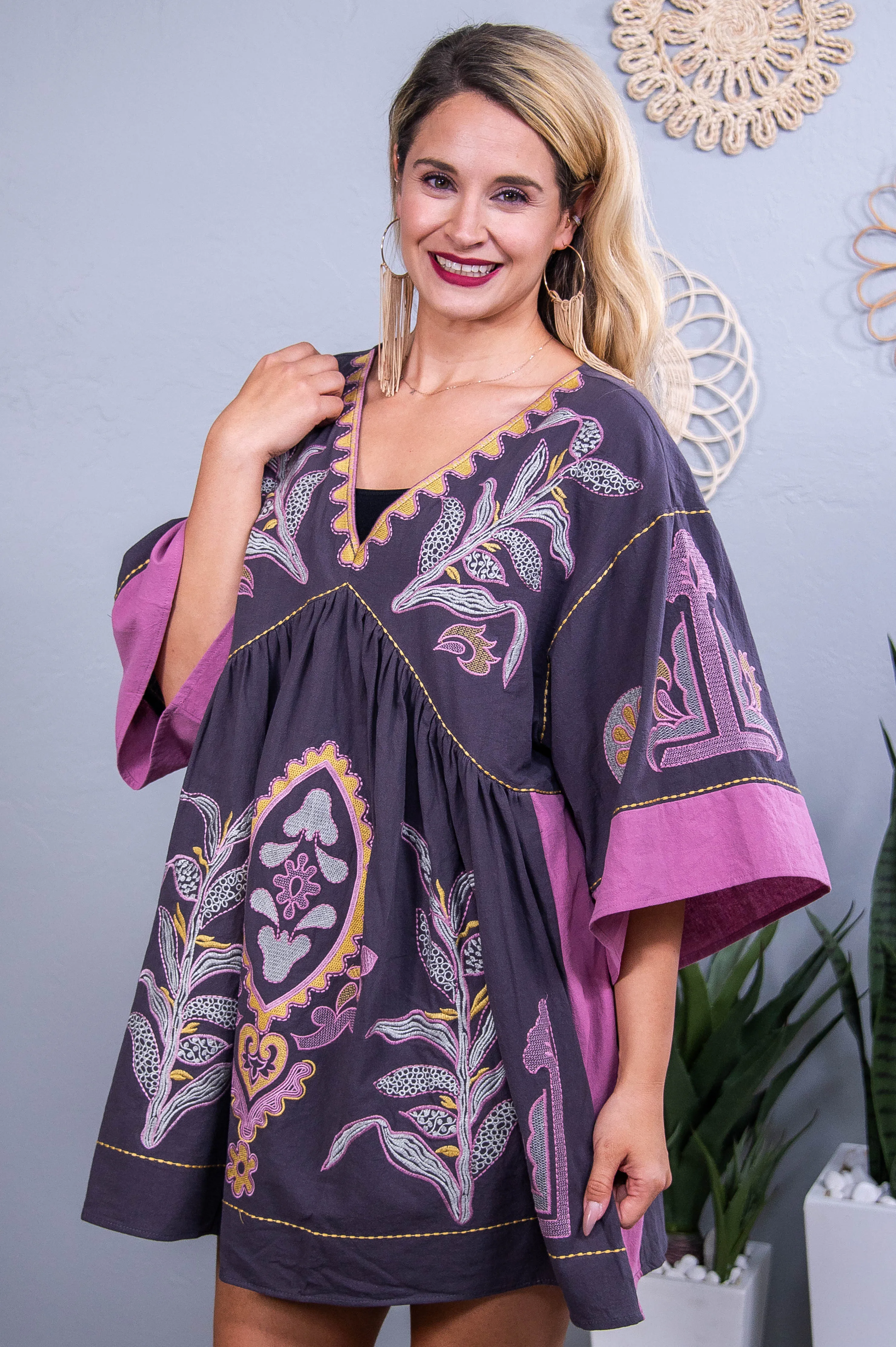 Cultivating Kindness Charcoal/Berry Floral Embroidered Woven Dress - D5550CH