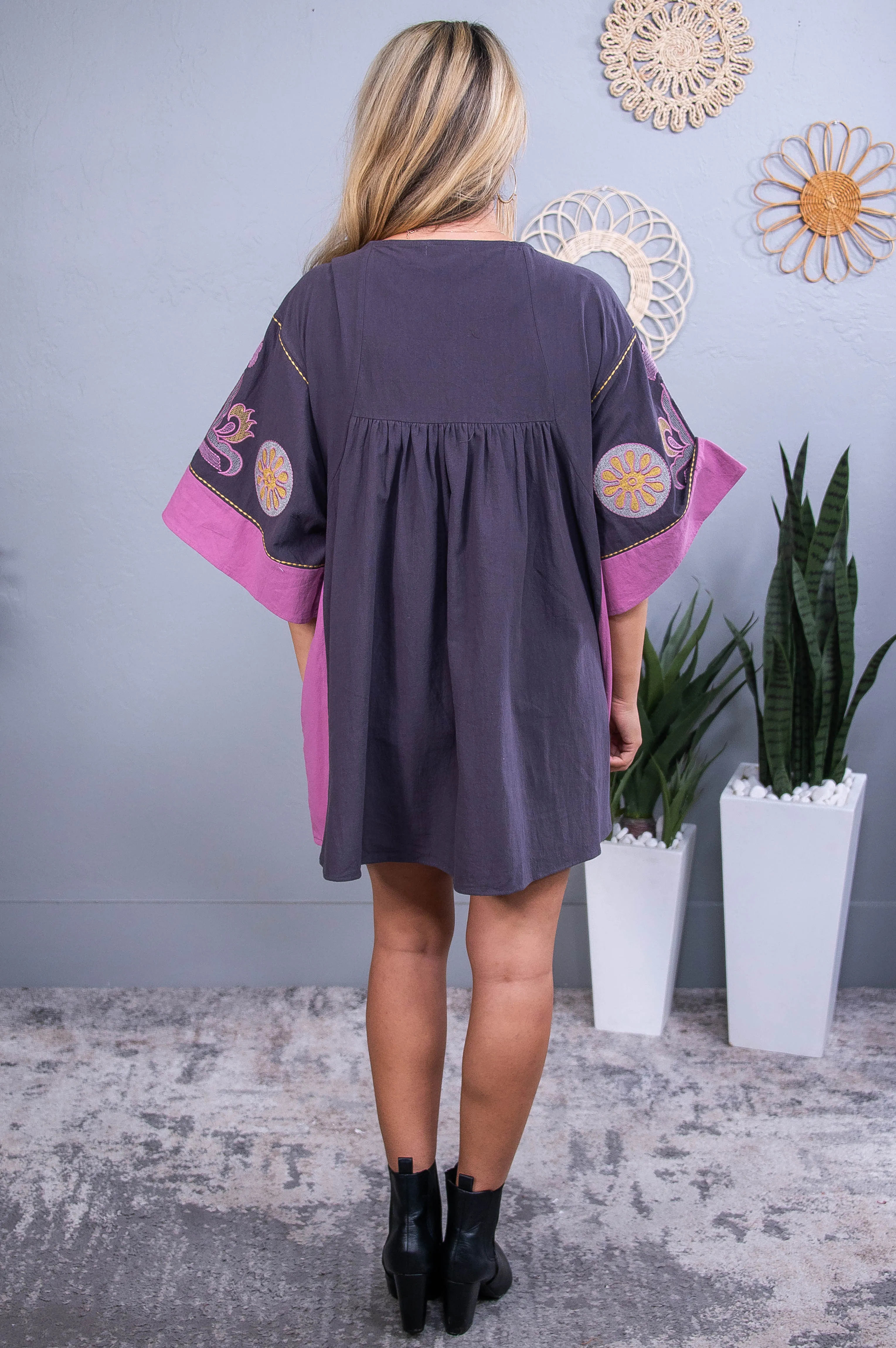 Cultivating Kindness Charcoal/Berry Floral Embroidered Woven Dress - D5550CH