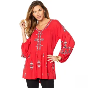 Curations Women's Embroidered Long Sleeve Tunic Top