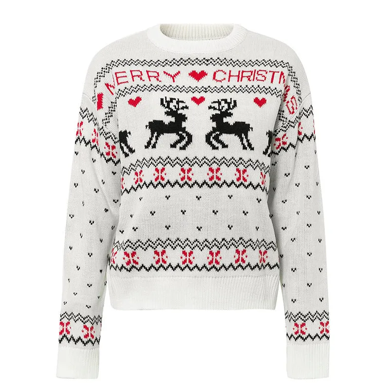 Cute Elk & Heart Print Christmas Sweater