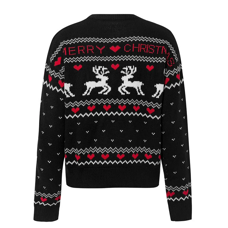 Cute Elk & Heart Print Christmas Sweater