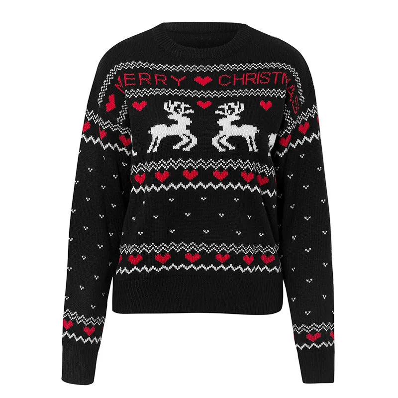 Cute Elk & Heart Print Christmas Sweater