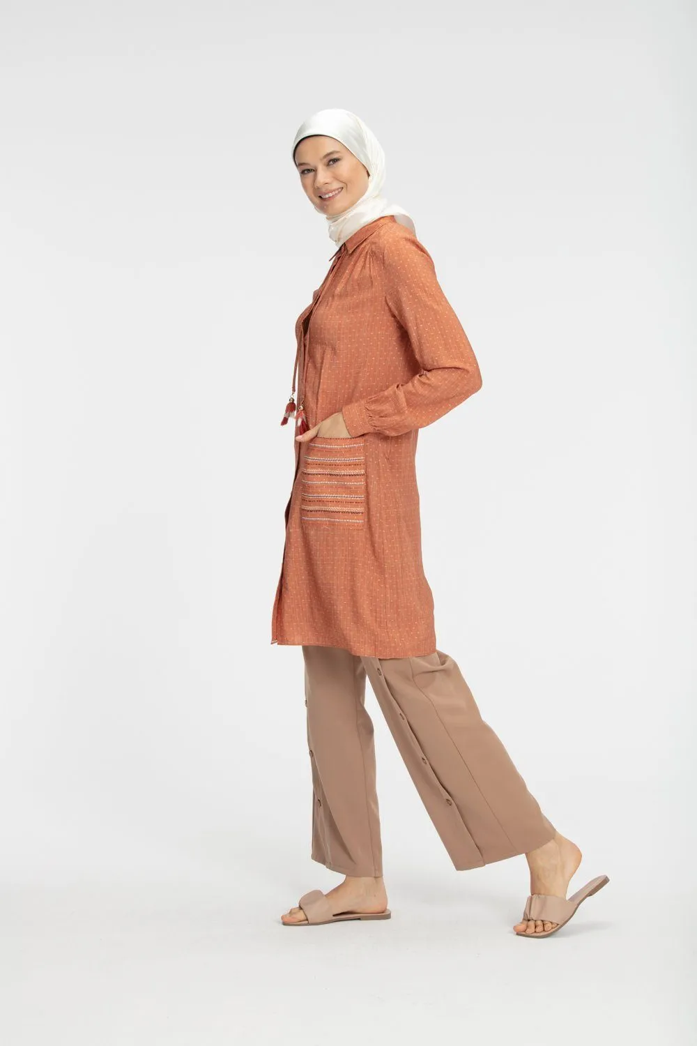 Cyra Striped Long Modest Top | Orange