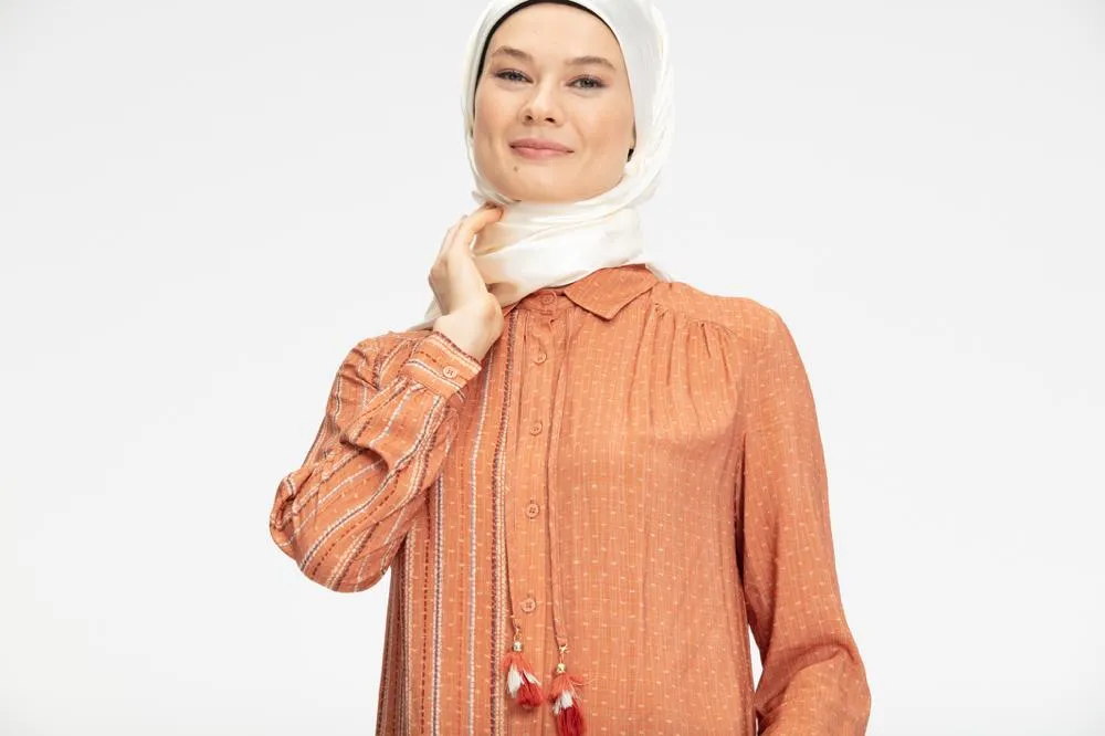 Cyra Striped Long Modest Top | Orange